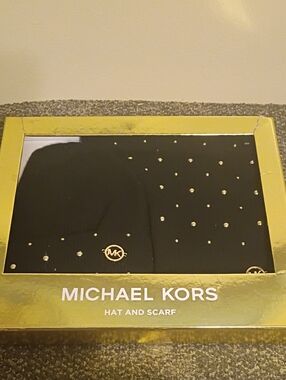 Michael Kors Women’s Black Beanie Hat and Gold Tone Studded Scarf Set